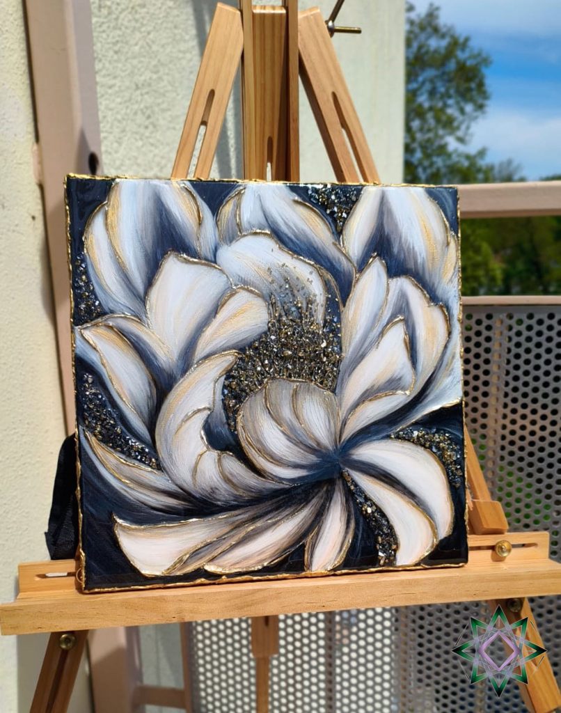 Blume WeissGold Epoxid Harz Art mit Spiegelelementen