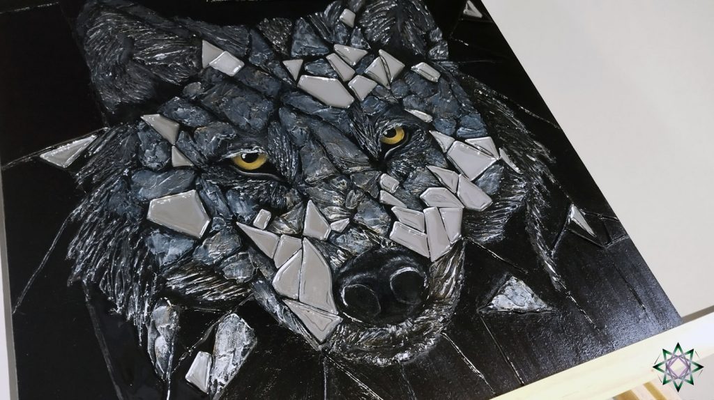 WolfTotemTier_Original Stralende Gemälde mit Spiegelelementen, Textur und Epoxidharz