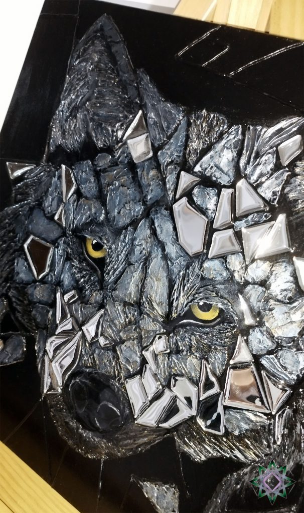 WolfTotemTier_Original Stralende Gemälde mit Spiegelelementen, Textur und Epoxidharz